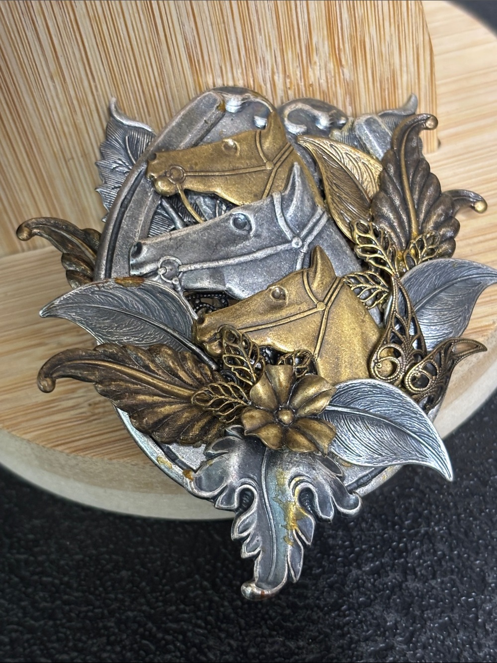 Vintage Equestrian Horse Leaf Antique Gold Silver Statement Brooch